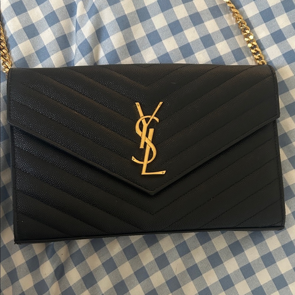 Yves Saint Laurent Black large monogram wallet with chain with Gold Accents